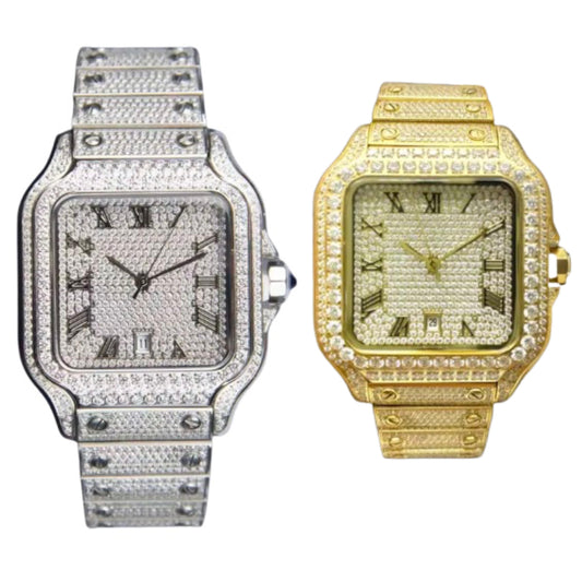 high quality square Roman numeral iced watch, waterproof stainless steel.