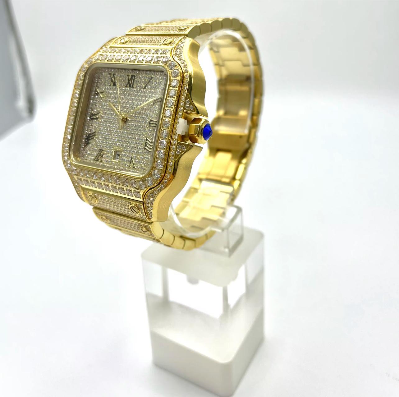 high quality square Roman numeral iced watch, waterproof stainless steel.