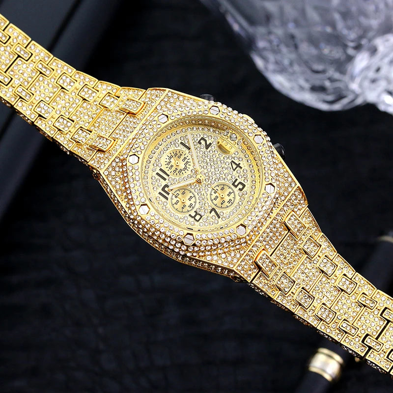 Luxury Watches Men Automatic Date Waterproof Quartz Clock Hip Hop Fully Iced out