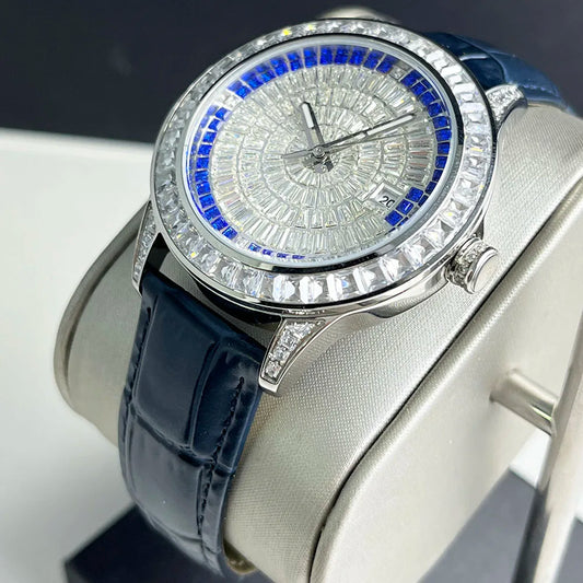 42mm Automatic Mechanical Watch - Diamond Set, Men's Blue Belt Watch with Stainless Steel Strap, Shining Silver Dial