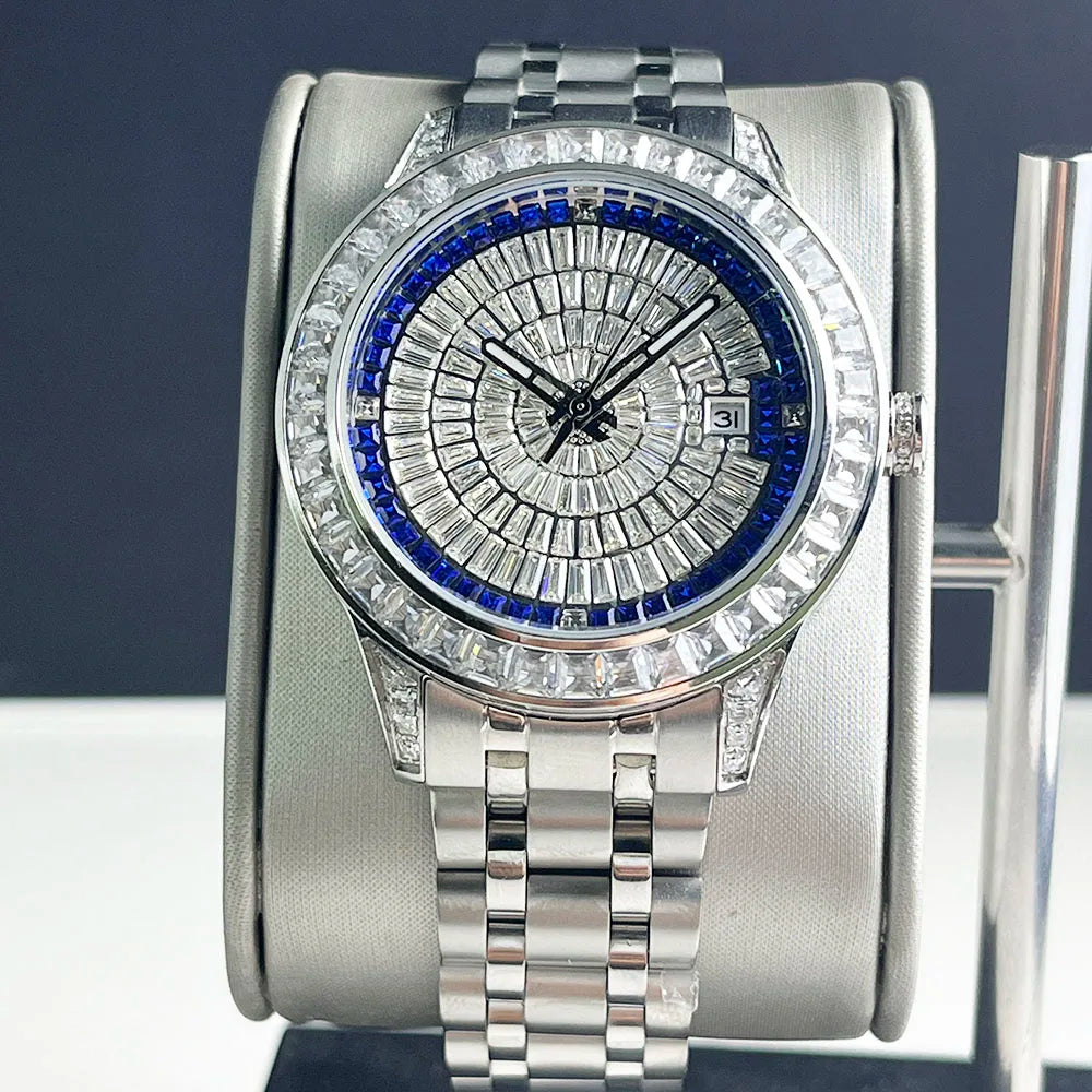 42mm Automatic Mechanical Watch - Diamond Set, Men's Blue Belt Watch with Stainless Steel Strap, Shining Silver Dial