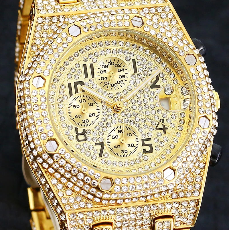 Luxury Watches Men Automatic Date Waterproof Quartz Clock Hip Hop Fully Iced out