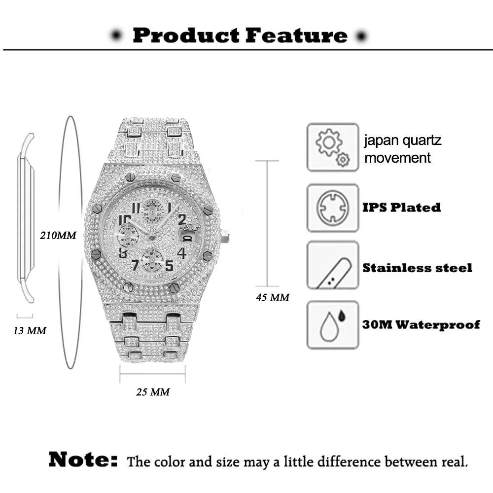 Luxury Watches Men Automatic Date Waterproof Quartz Clock Hip Hop Fully Iced out