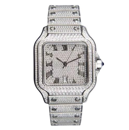 high quality square Roman numeral iced watch, waterproof stainless steel.